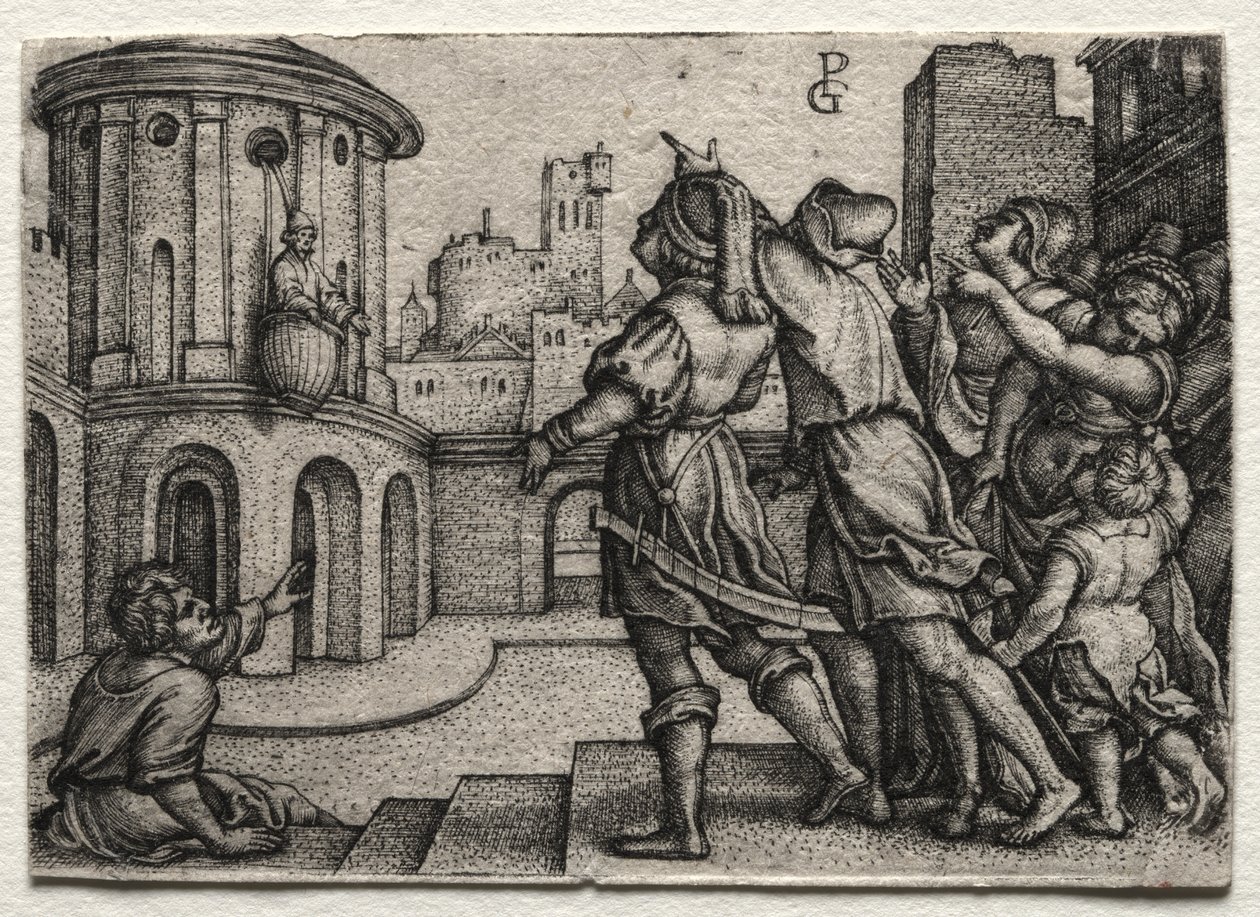 Virgilio appeso in un cesto da Georg Pencz