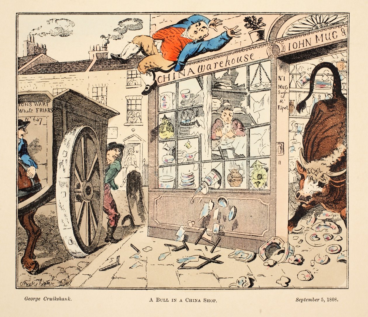 Un toro in un negozio di porcellane, pub. 1808 da George Cruikshank