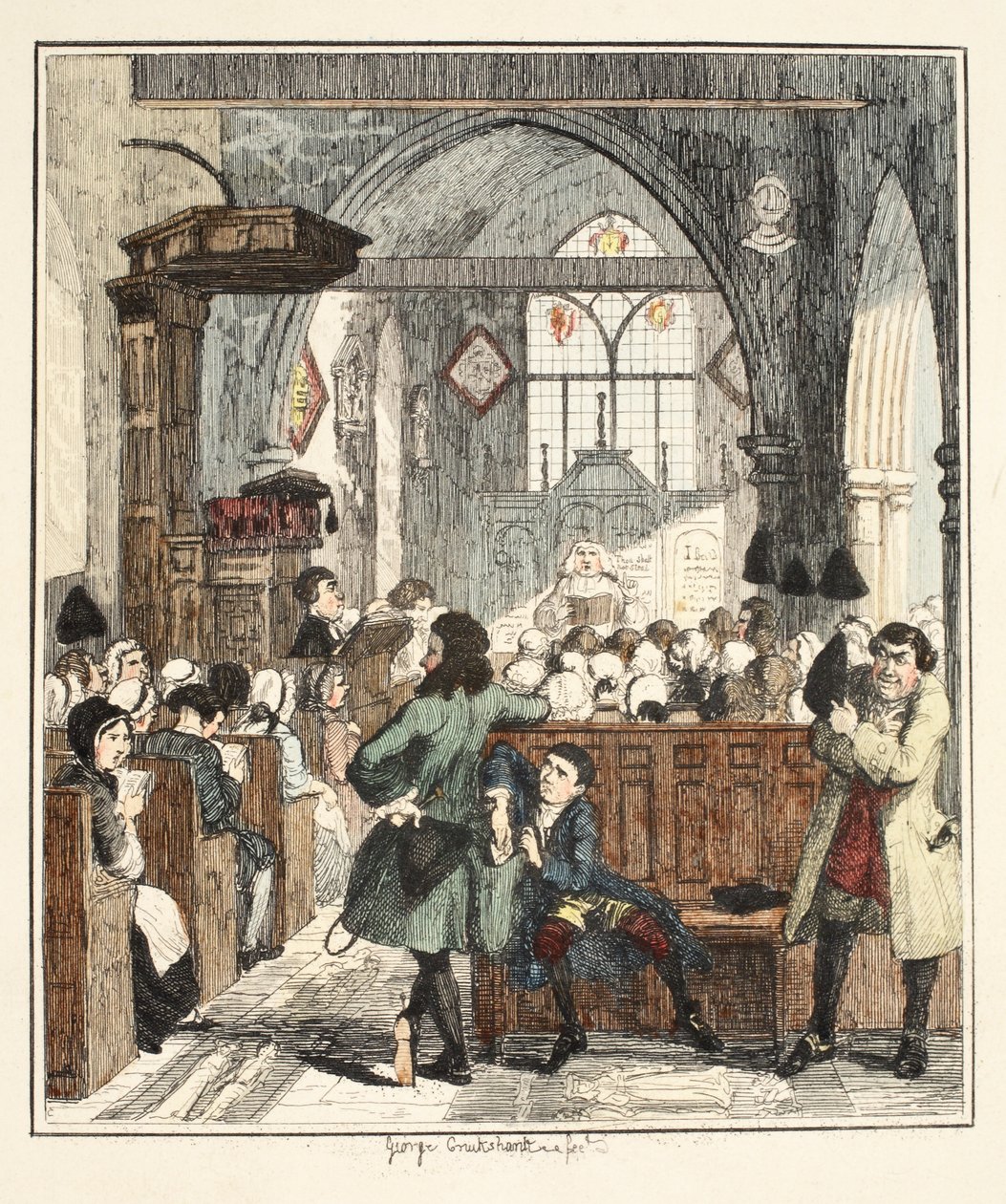 Jack Sheppard che commette un furto nella chiesa di Willesden, illustrazione da Jack Sheppard: Un romanzo di William Harrison Ainsworth, pubblicato nel 1839 (incisione colorata a mano) da George Cruikshank