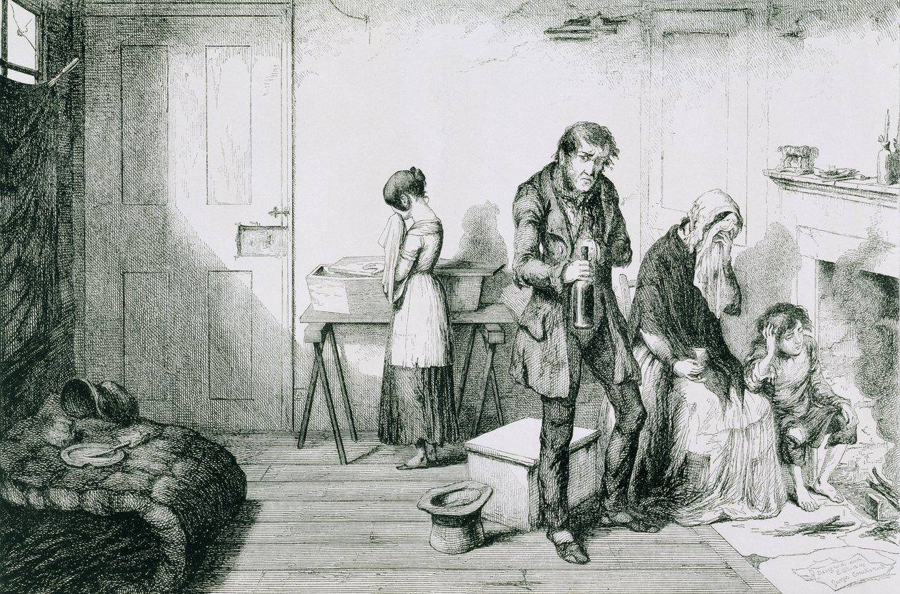 La bottiglia, Piatto V, Freddo, miseria e bisogno distruggono il loro figlio più giovane: si consolano con la bottiglia, 1847 da George Cruikshank