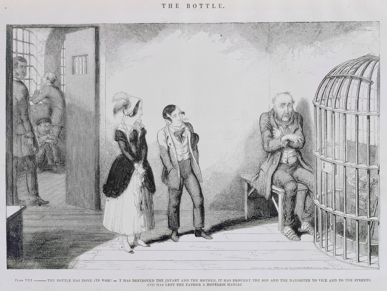 La bottiglia, Tavola VIII, La bottiglia ha fatto il suo lavoro - ha distrutto il bambino e la madre, ha portato il figlio e la figlia al vizio e alla strada, e ha lasciato il padre un senza speranza da George Cruikshank