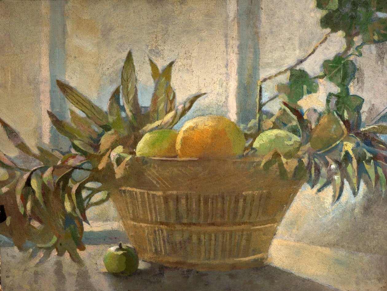 Frutta e foglie in un cesto da George Sheringham