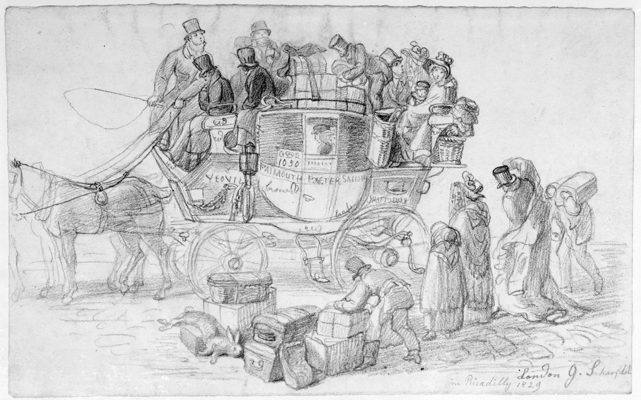 Una carrozza postale del West Country che lascia Piccadilly, 1829 da George Snr Scharf
