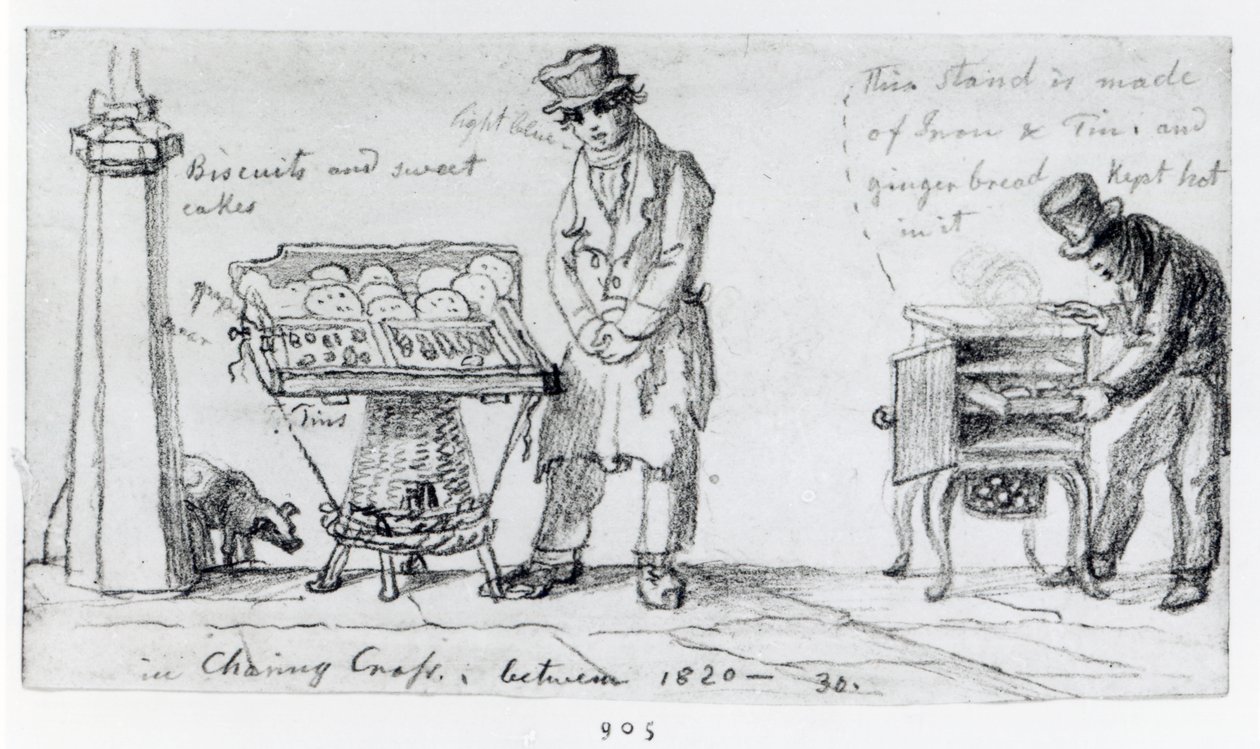 Bancarelle di biscotti e pan di zenzero a Charing Cross, 1820-30 da George Snr Scharf