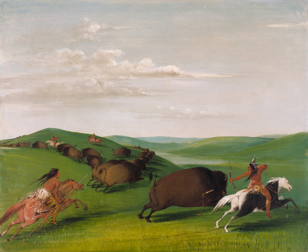 Inseguimento di bufali con archi e lance da George Catlin