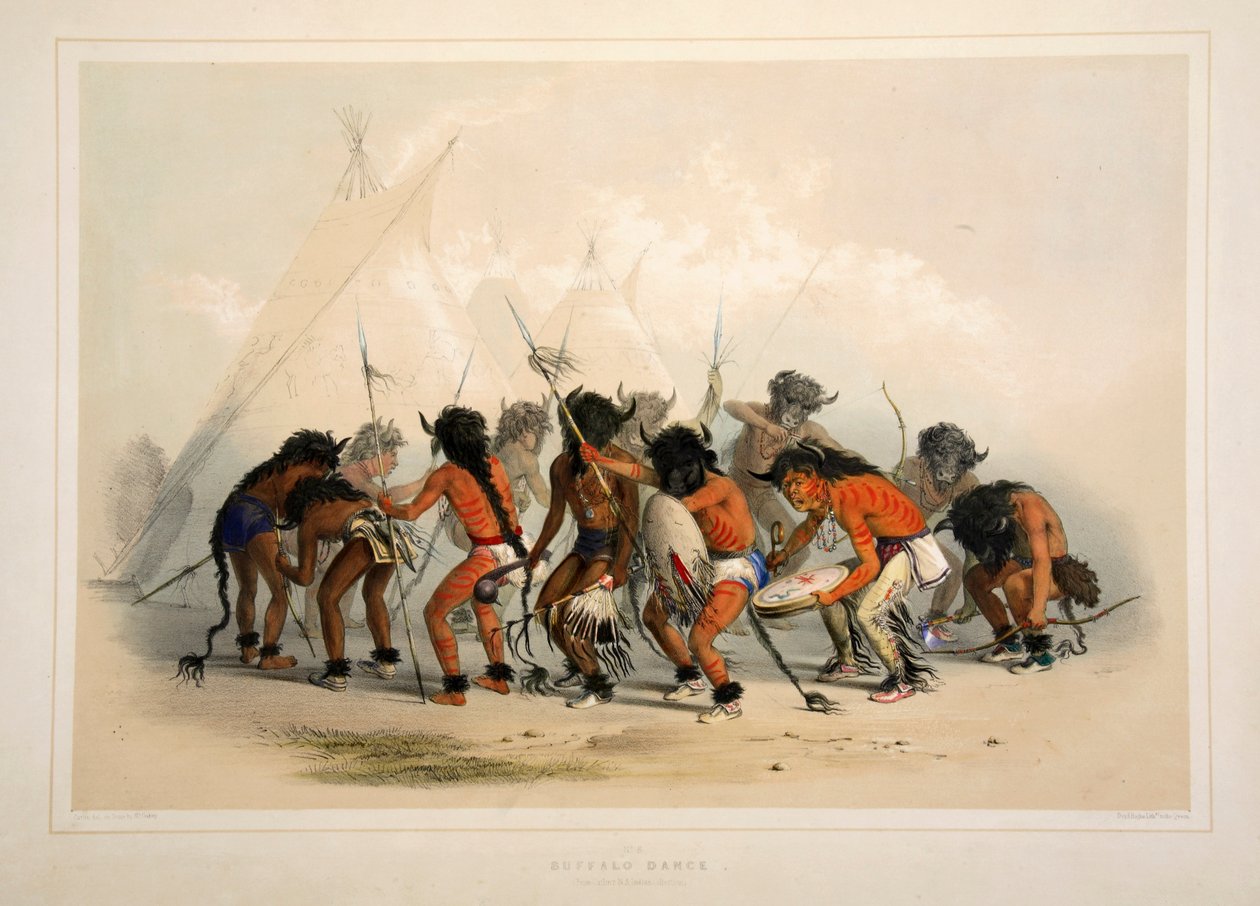 Danza dei bufali, pub. 1845 litografia a colori da George Catlin