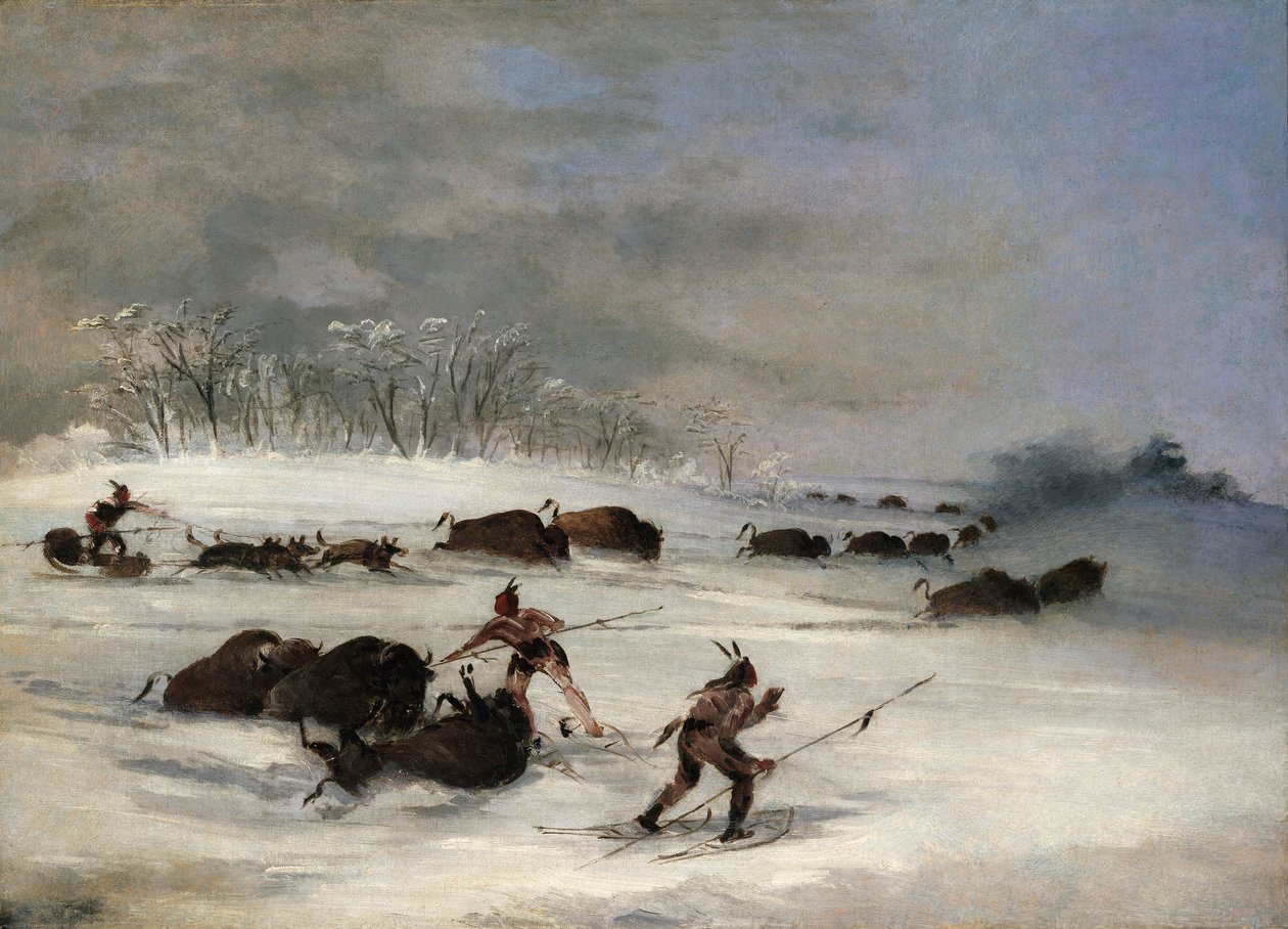 Indiani Sioux con le racchette da neve che lanciano il bufalo da George Catlin