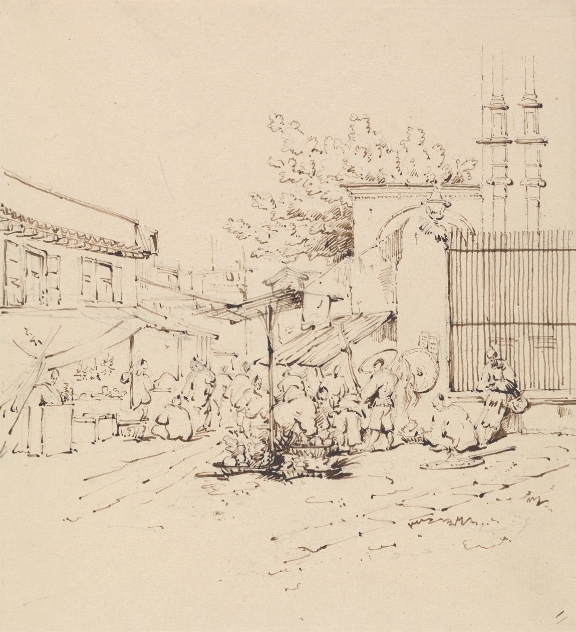 Scena di strada con mercanti che vendono merci da George Chinnery