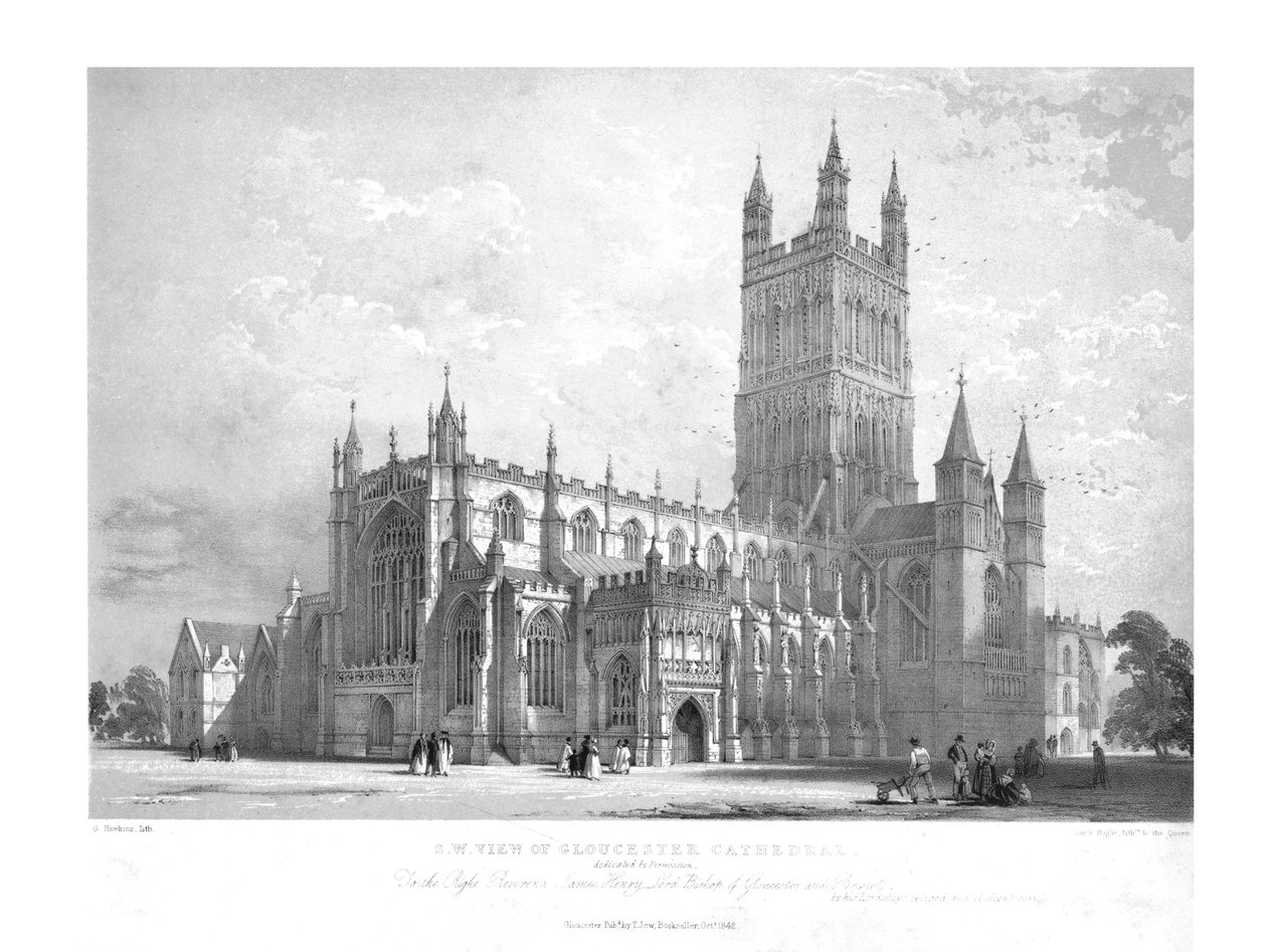 Veduta sud-ovest della cattedrale di Gloucester da George Hawkins