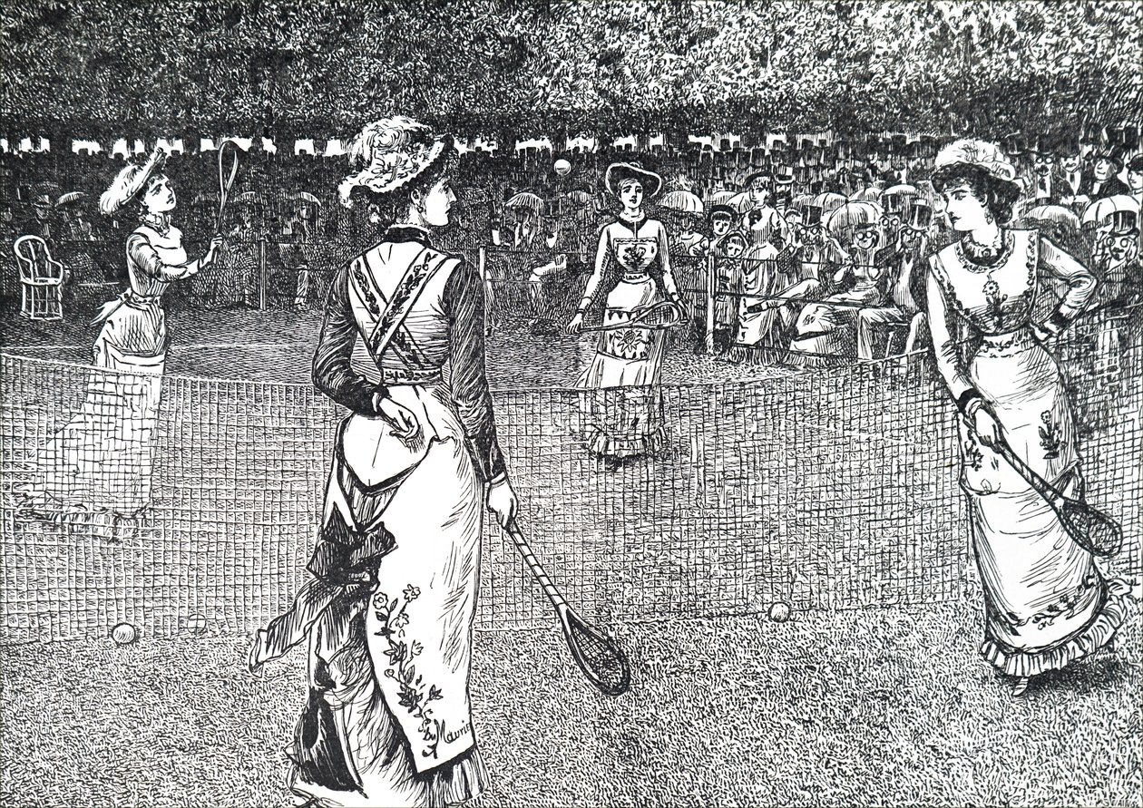 Signore che giocano a tennis sul prato da George du Maurier