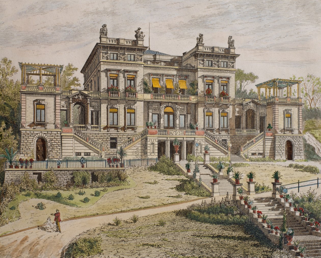 Castello vicino a Stoccarda, fronte del giardino, illustrazione da 