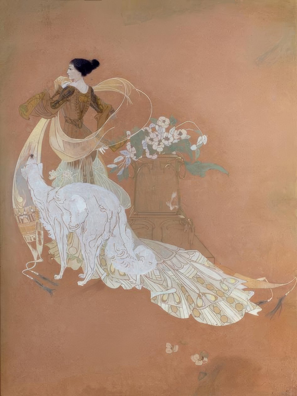 Elegante signora con Barsoi da Georges de Feure