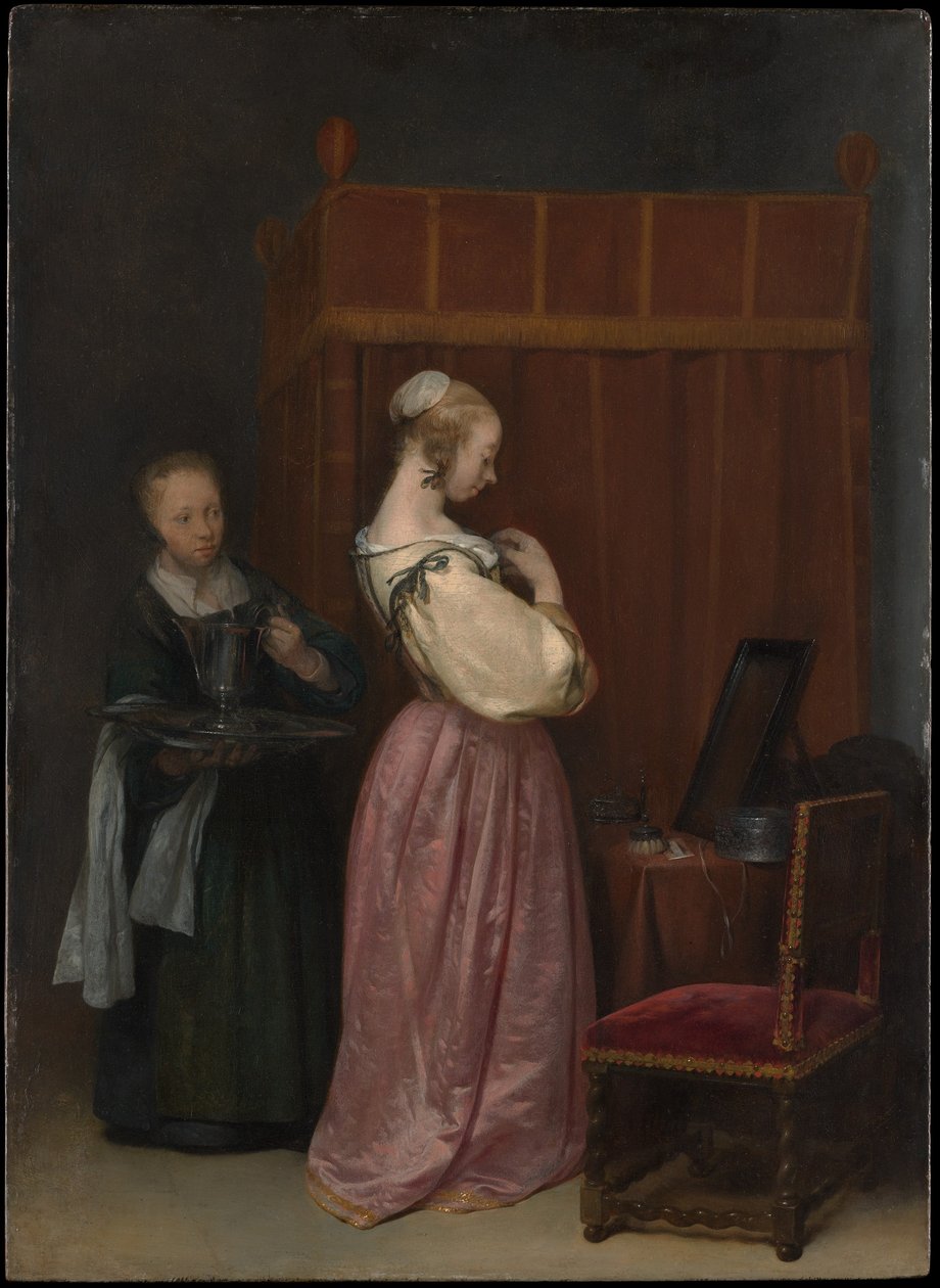 Giovane donna alla sua toilette con una serva da Gerard ter Borch