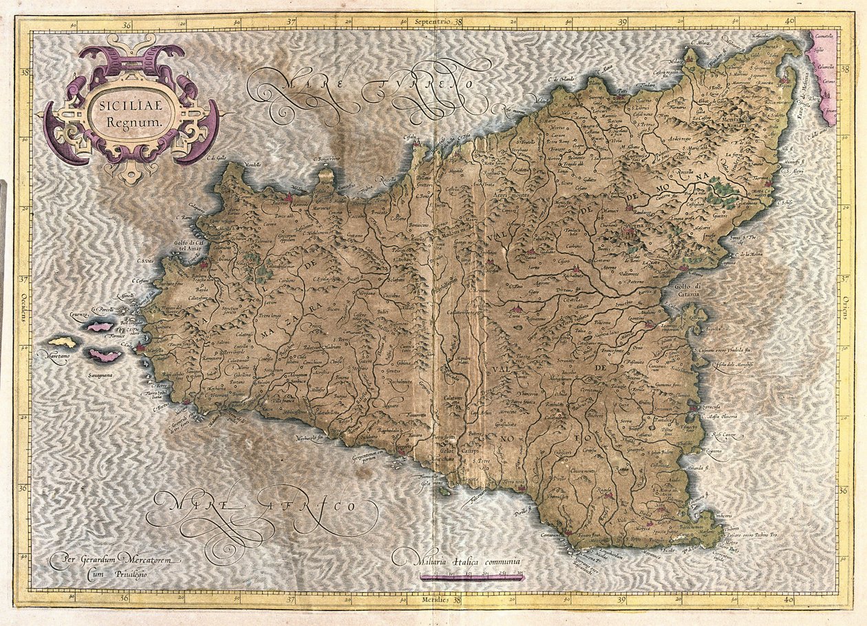 Sicilia, Italia (incisione) da Gerardus Mercator