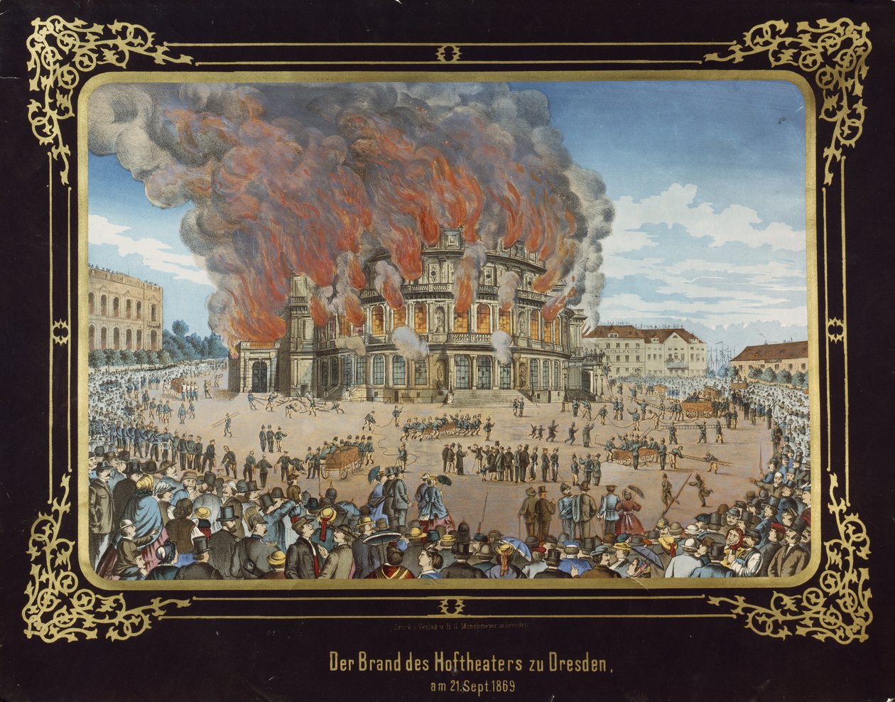 Incendio al Teatro Reale di Dresda il 21 settembre 1869 da German School