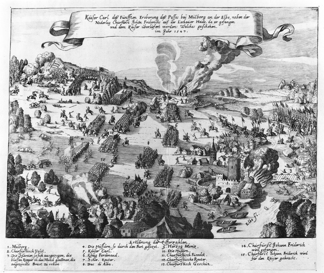 Veduta generale della battaglia di Muhlberg, 24 aprile 1547 da German School