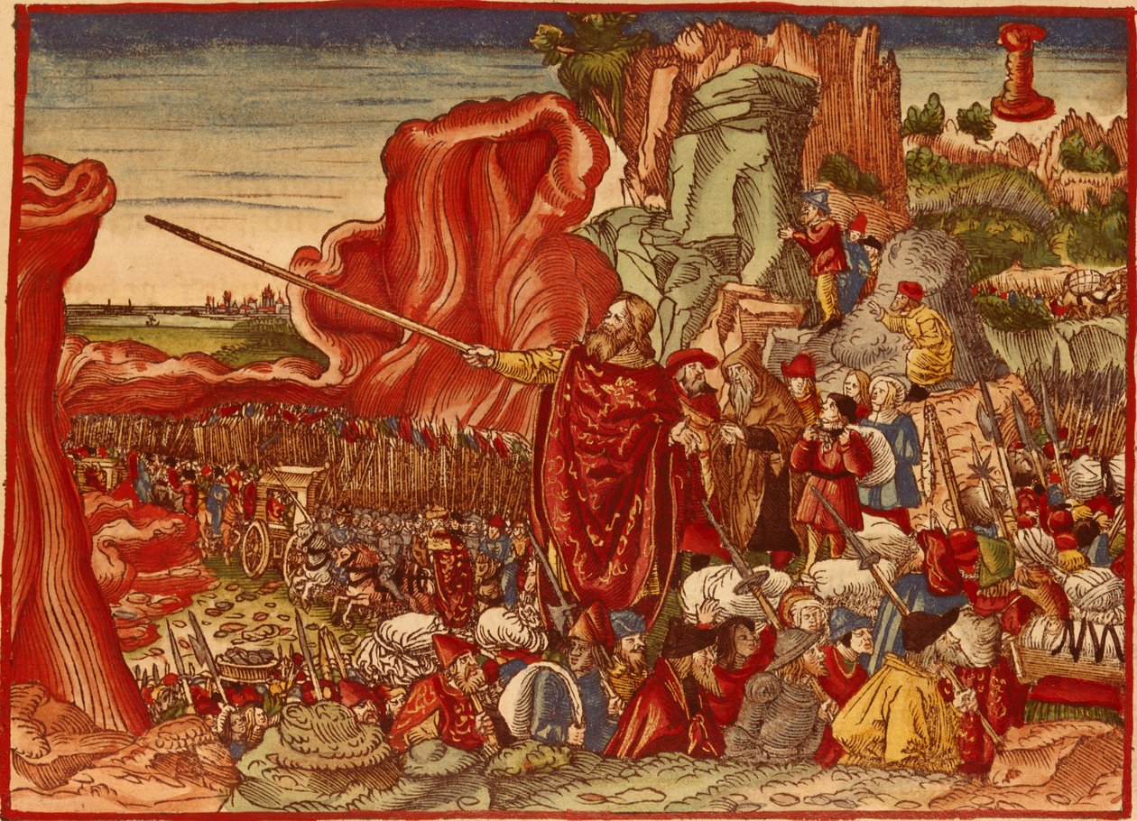 Mosè che separa il Mar Rosso, immagine dalla Bibbia di Lutero (stampa colorata a mano) da German School