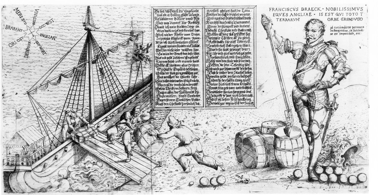 Sir Francis Drake (c.1540-96) osserva il carico della sua nave da German School