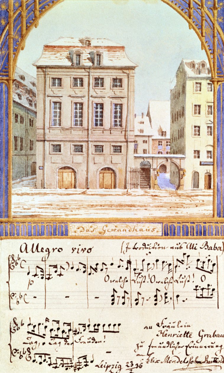 Il Gewandhaus di Lipsia con un pezzo di musica di Felix Mendelssohn (1809-47) da German School