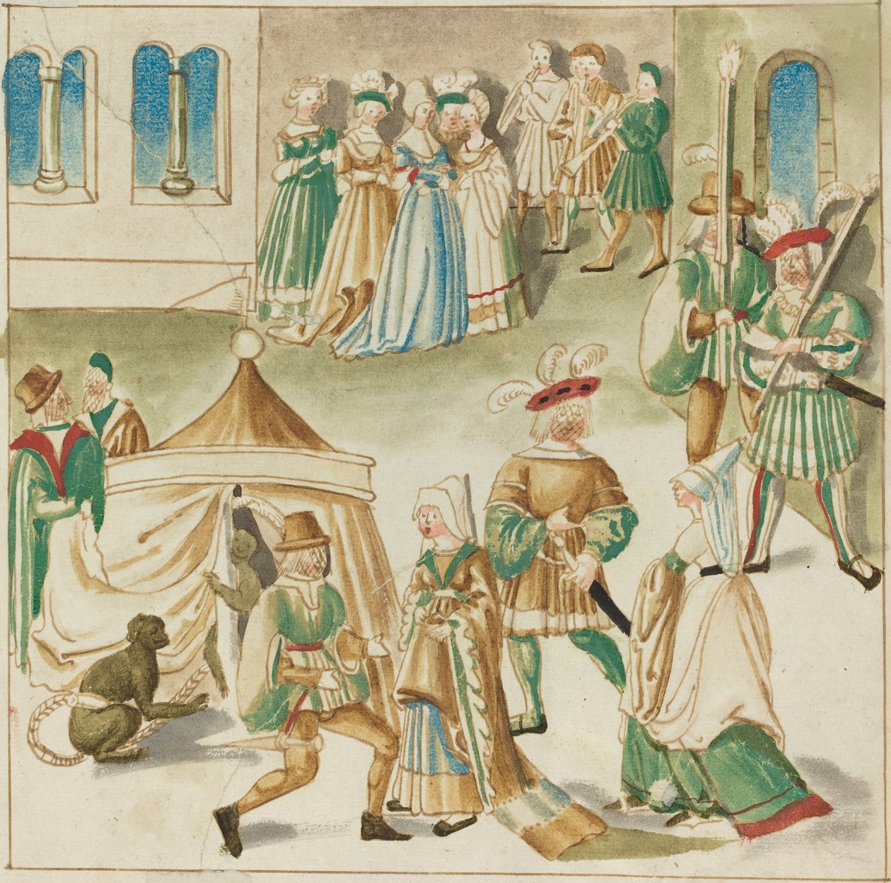 Divertimenti di corte con due scimmie da German 16th Century
