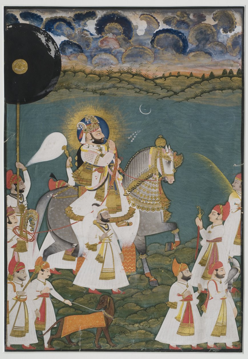 Ritratto di Maharana Bhim Singh di Udaipur (1778-1828) a cavallo accompagnato da attendenti (dettaglio) da Ghasi Ghasi