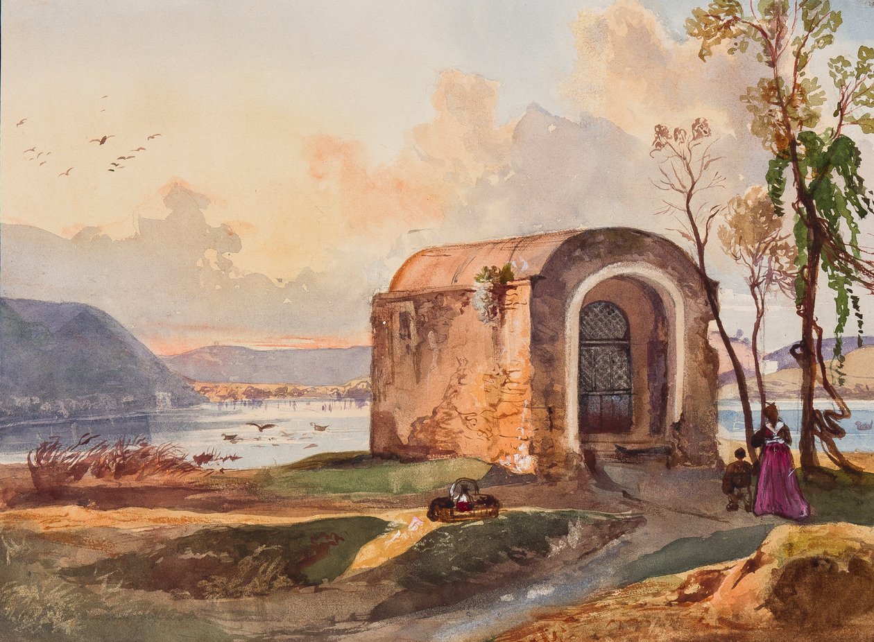 Cappella presso il Lago Lucrino, con aggiunte di un allievo Borbone, possibilmente la Principessa Maria Annunziata di Borbone (1843-1871) da Giacinto Gigante