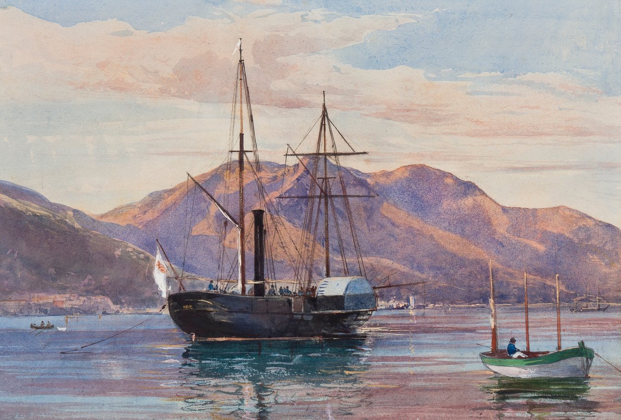 Gaeta: una fregata a vapore, possibilmente la nave reale Delfino o Archimede che sventola la bandiera Borbone, con aggiunte di un allievo Borbone, possibilmente la Principessa Maria Annunziata di Borbone (1843-1871) da Giacinto Gigante