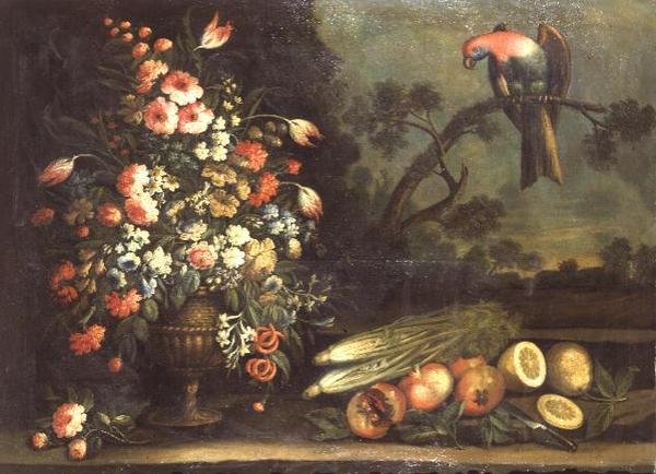 Natura morta, fiori misti, verdure e pappagallo da Giacomo Nani