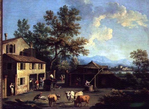 Un cortile con contadini e animali da Gianbattista Cimaroli