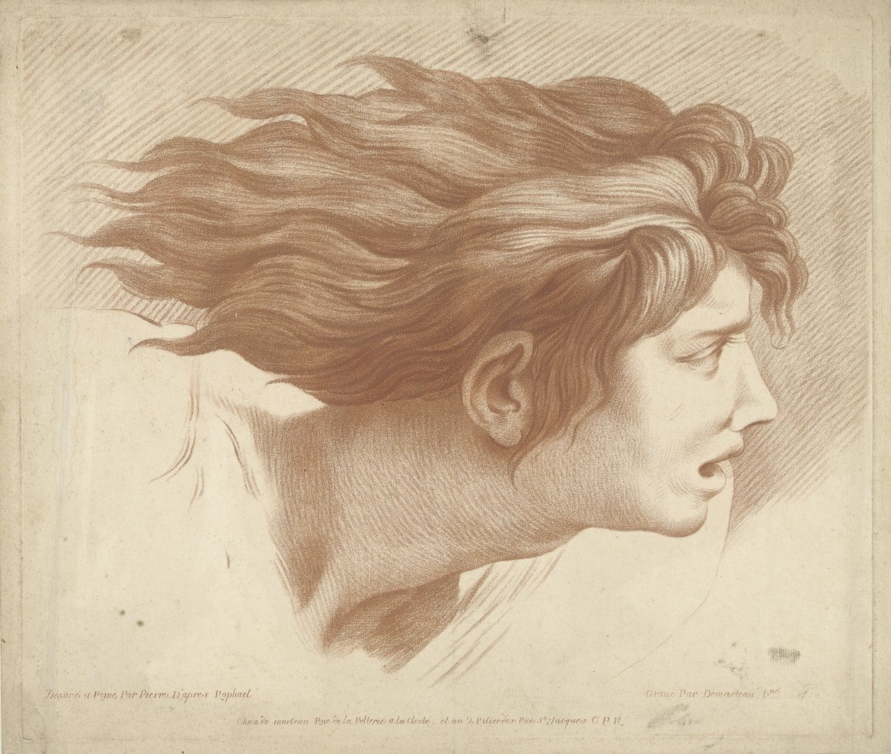 Testa di uomo con capelli svolazzanti da Gilles Demarteau