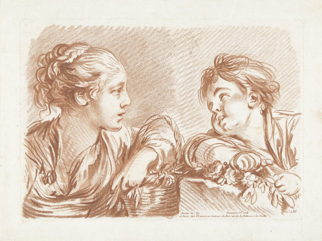 Giovane donna con cesto di fiori e ragazzo da Gilles Demarteau