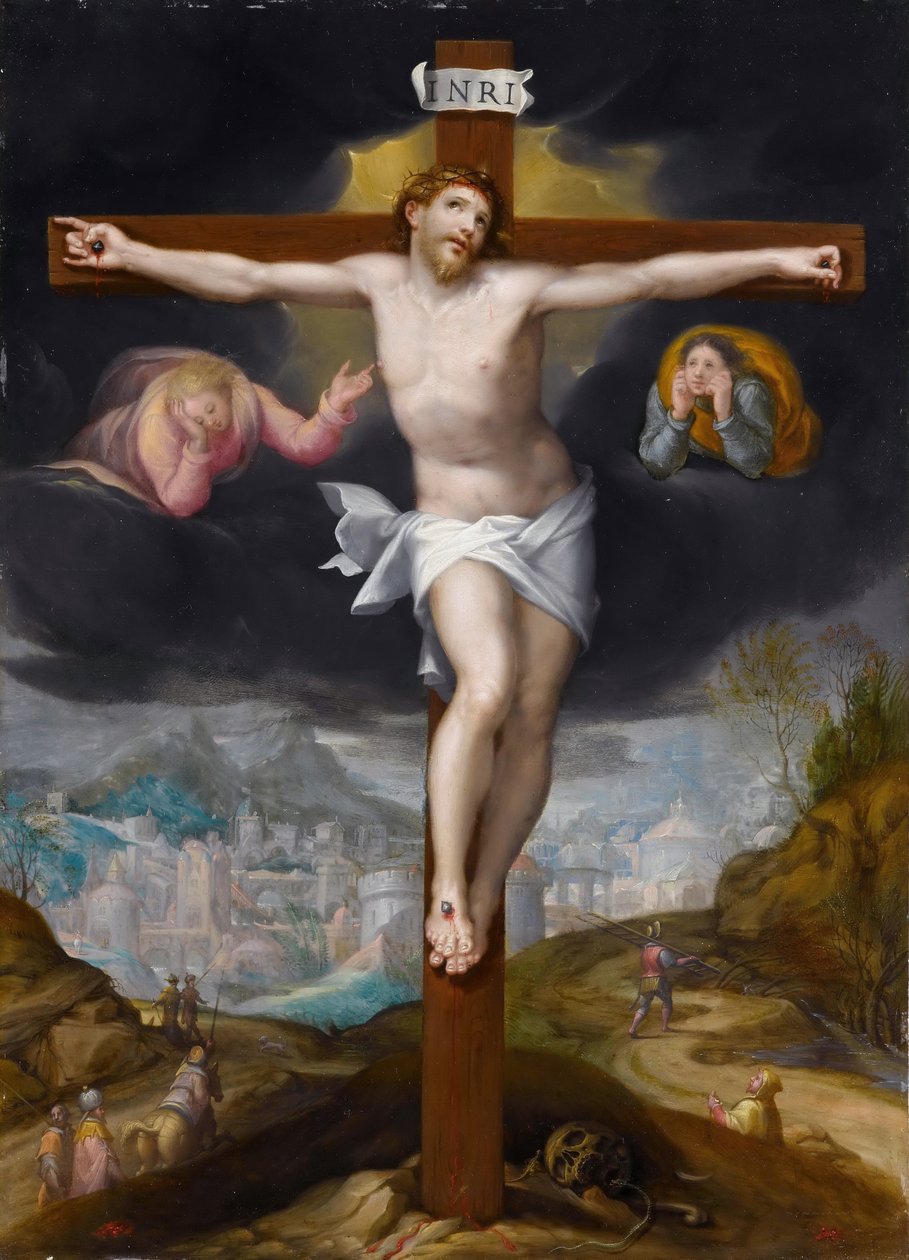 Cristo sulla croce tra due angeli da Gillis Mostaert