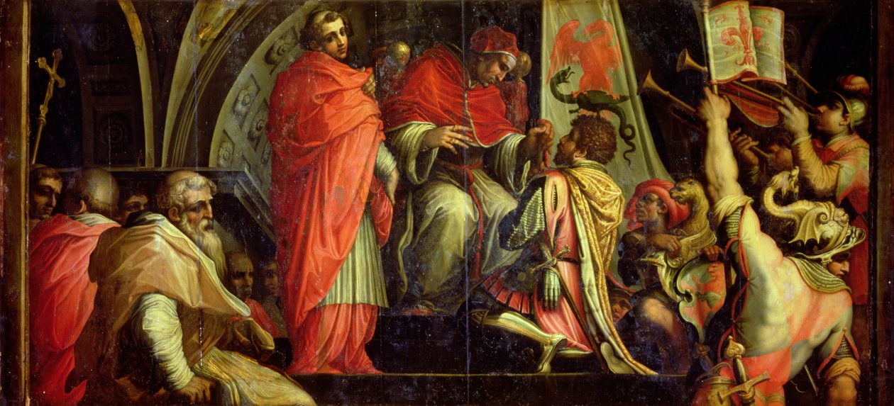 Clemente IV (1265-68) consegna armi ai capi del partito guelfo dal soffitto del Salone dei Cinquecento, 1565 da Giorgio Vasari