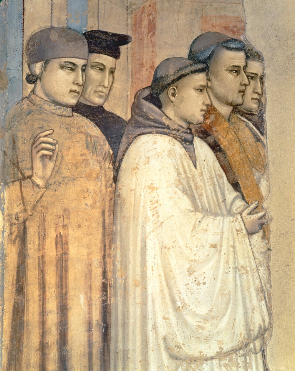 La Morte di San Francesco, dettaglio dei piangenti in piedi a sinistra da Giotto di Bondone