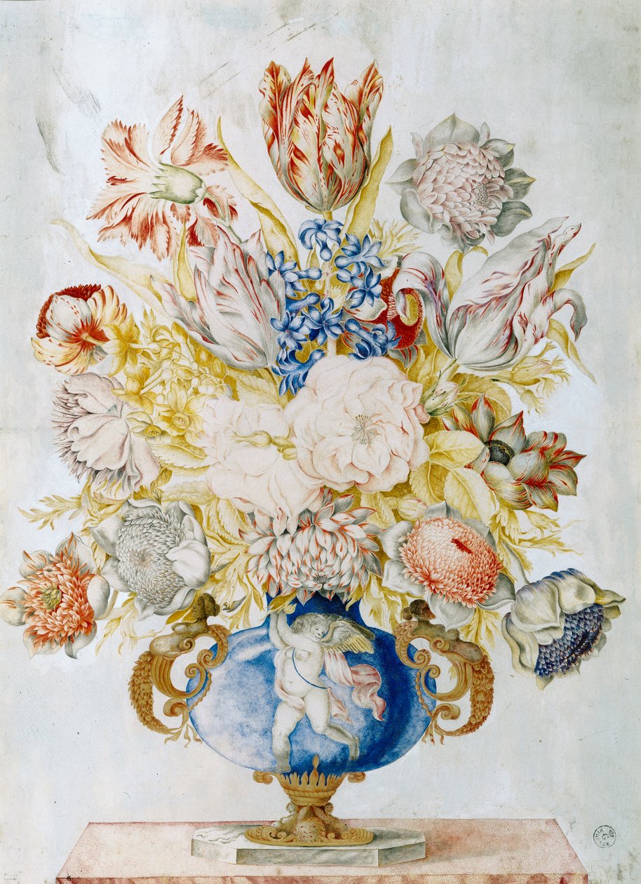 Vaso di cristallo blu scuro con un mazzo di fiori da Giovanna Garzoni