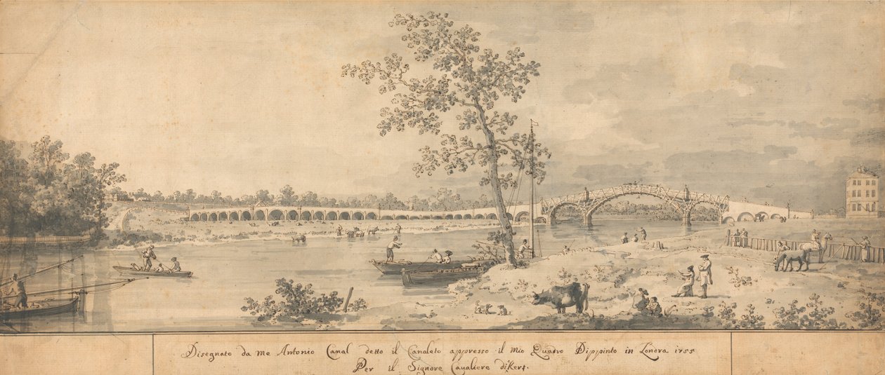 Vecchio ponte di Walton visto dalla riva del Middlesex da Giovanni Antonio Canal