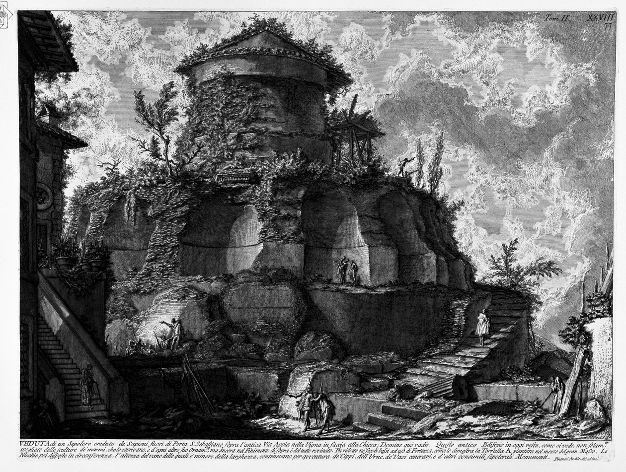 Tomba di Priscilla, erroneamente descritta da Piranesi come Sepolcro creduto degli Scipioni fuori Porta S. Sebastiano sulla Via Appia antica nella Vigna di fronte alla Chiesa; Domine quo vadis da Giovanni Battista Piranesi
