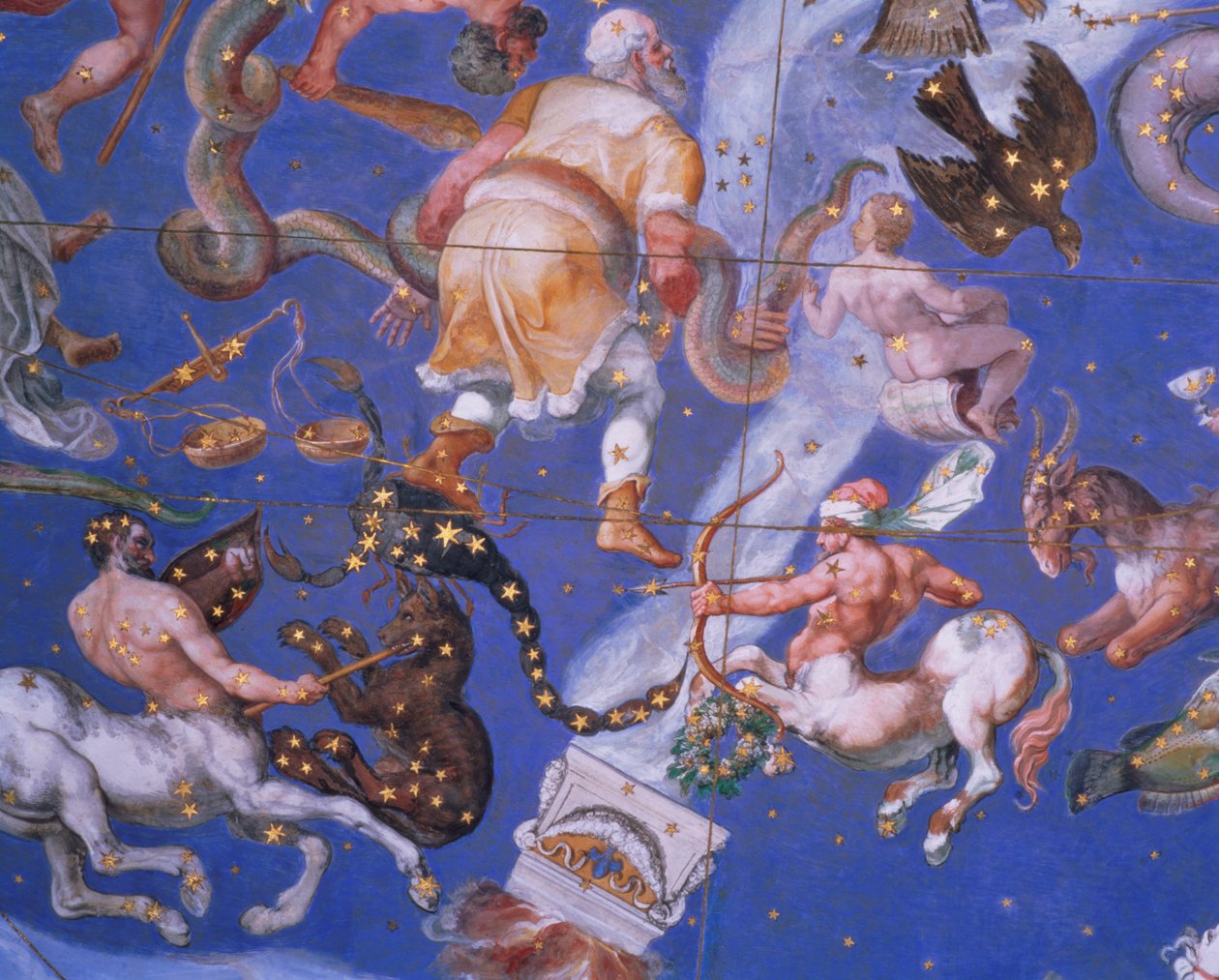 Segni dello Zodiaco inclusi Centauri in battaglia, dettaglio dalla volta della 
