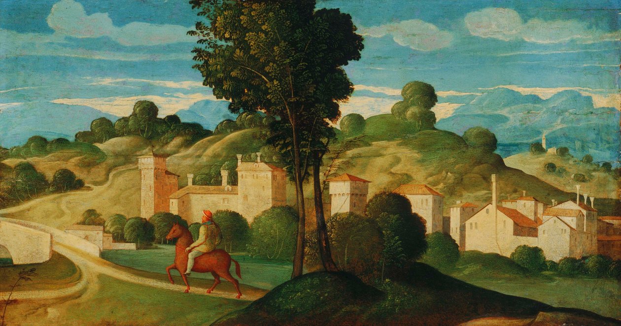 Paesaggio con cavaliere da Girolamo Da Santa Croce