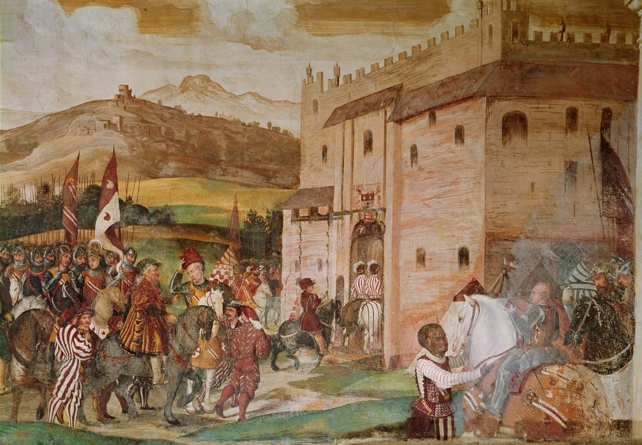 Accoglienza del re Cristiano I di Danimarca da parte del condottiero Bartolomeo Colleoni al Castello di Malpaga nel 1474, 1520-30 da Girolamo Romanino