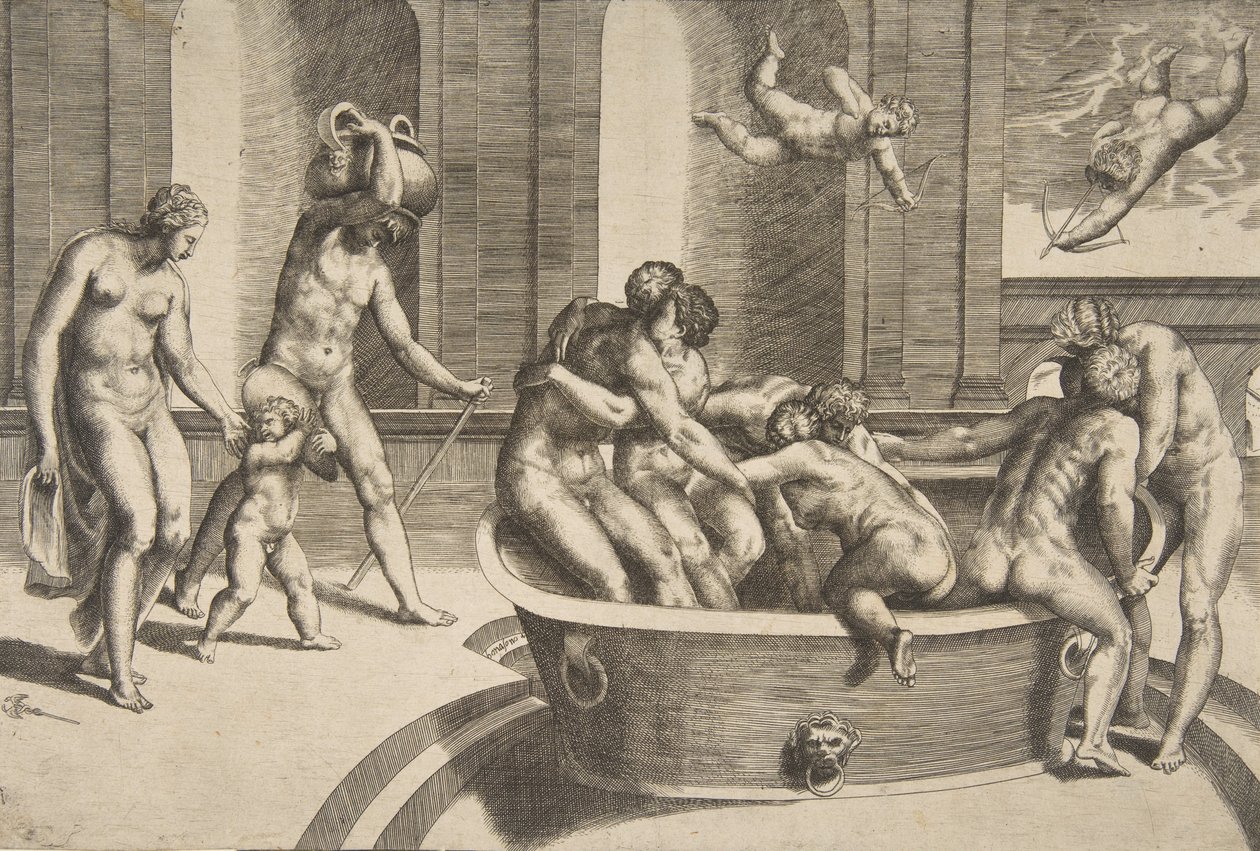 Uomini e donne che fanno il bagno, alcuni che si abbracciano, 1531-76 da Giulio Bonasone