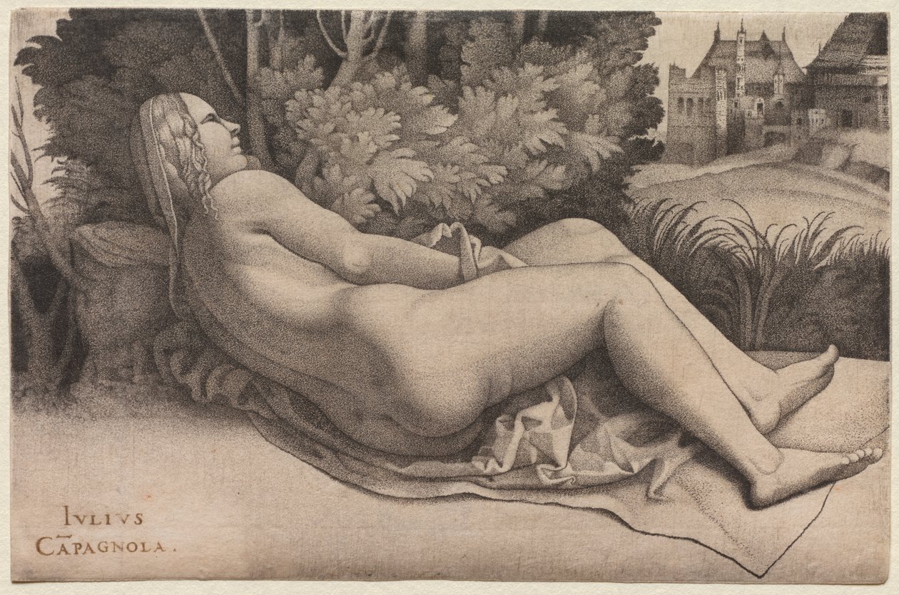 Venere reclinata in un paesaggio, c.1508-09 da Giulio Campagnola