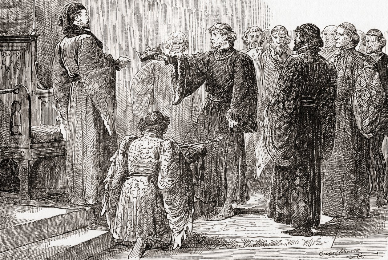 Una scena dal Riccardo II di William Shakespeare, Atto IV, Scena 1, Re Riccardo: Qui, cugino, prendi la corona, da Le Opere di William Shakespeare, pubblicato nel 1896 da Gordon Frederick Browne
