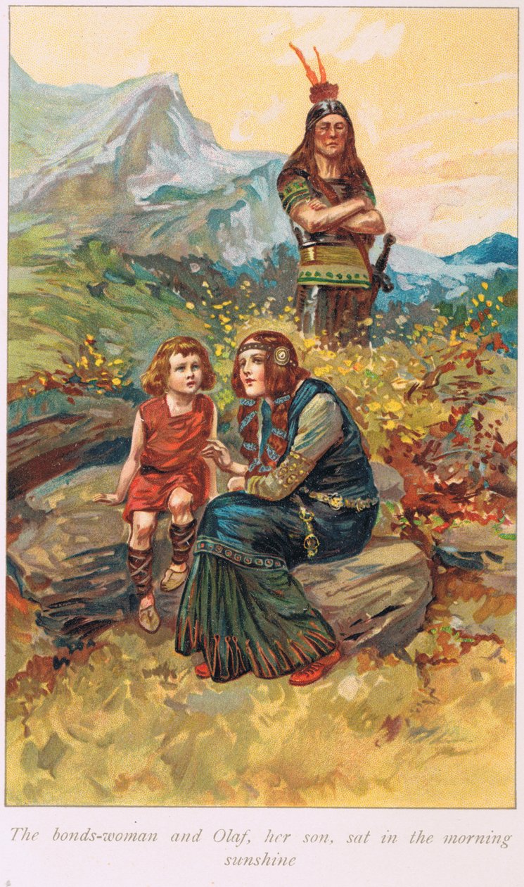 La schiava e Olaf, suo figlio, seduti al sole del mattino, illustrazione da 