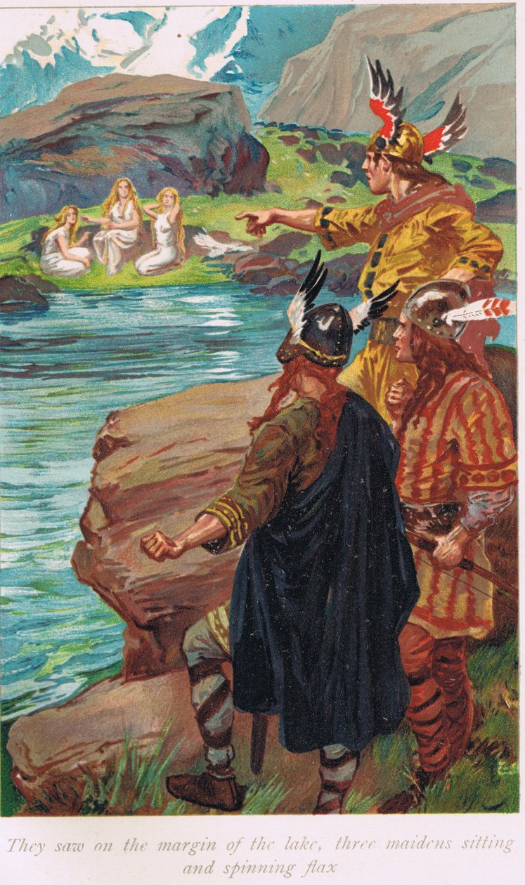 Videro ai margini del lago, tre fanciulle sedute e che filavano lino, illustrazione da 