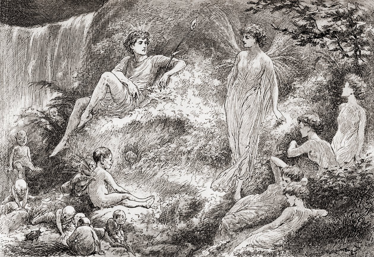 Titania: Metti il cuore in pace: La terra delle fate non compra il bambino da me, Scena dal Sogno di una notte di mezza estate di William Shakespeare, Atto II, Scena 1, da Le Opere di William Shakespeare, pubblicato nel 1896 da Gordon Frederick Browne