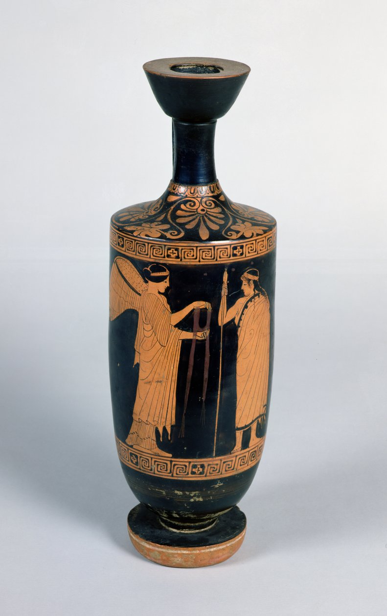 Lekythos attico, raffigurante una nike (vittoria alata) che offre una corona a un giovane, c.480-470 a.C. da Greek