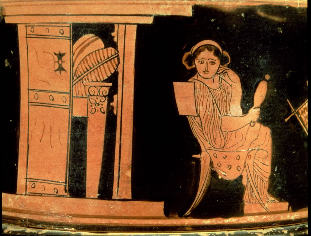 Pyxis a figure rosse attiche raffigurante una sposa, V secolo a.C. da Greek