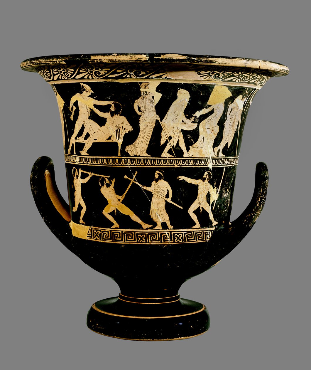 Cratere a calice a figure rosse attiche con due fregi sovrapposti che mostrano la vita di Teseo sopra e Prometeo, satiri e altre figure sotto, 425 a.C. da Greek