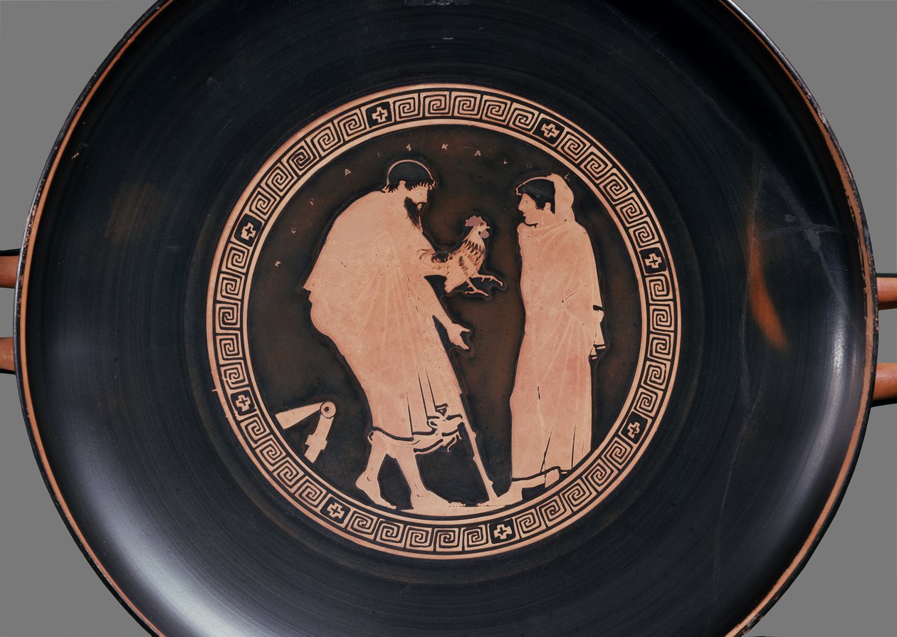 Coppa a figure rosse attica con un uomo barbuto che offre un gallo a un ragazzo, c.470 a.C. da Greek